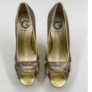 G By Guess Glitter Peep Toe Platform Stiletto Heels Sparkly Gold Women's 7